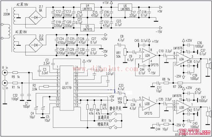 LM1876的多媒体Hi-Fi功放电路原理图