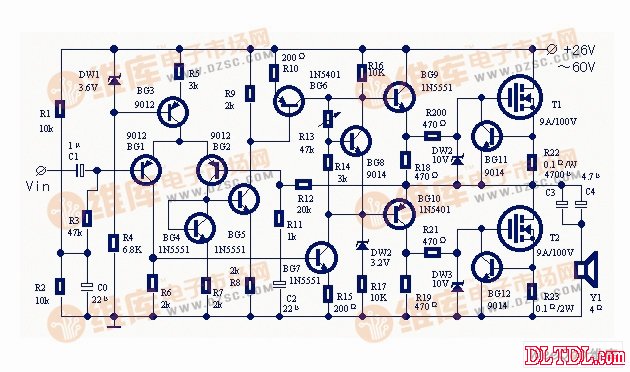 使用大功率场效应管的实用功率放大器电路图