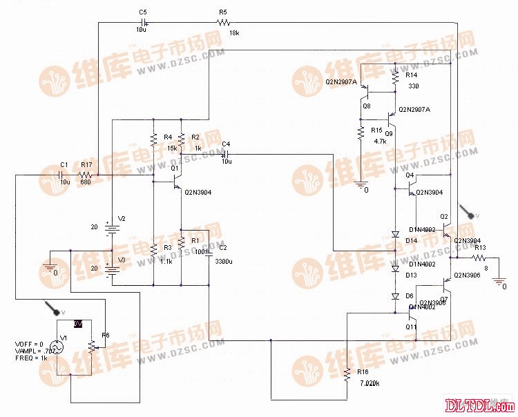 15W甲类分立管功率放大器电路图