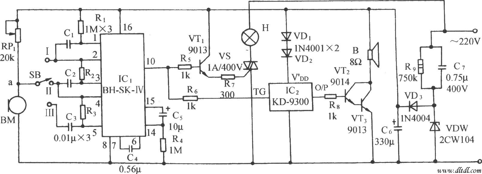 用SK-IV的声控自动照明灯伴乐曲发声电路