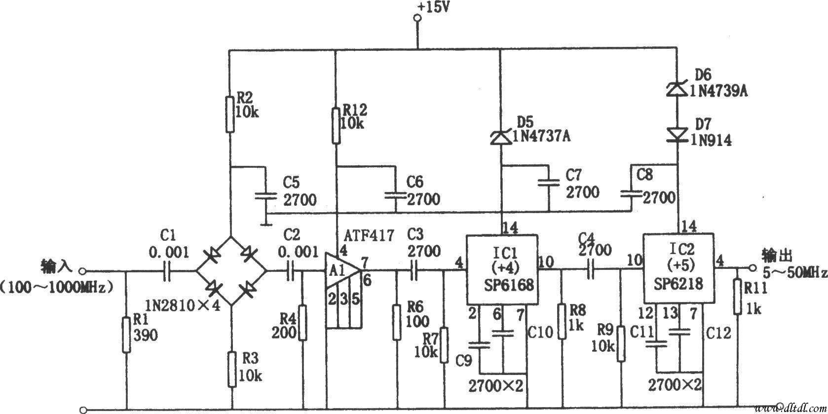 sp6168构成的1ghz前置分频器