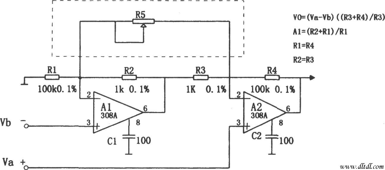 308集成运放构成的高输入阻抗仪用放大器