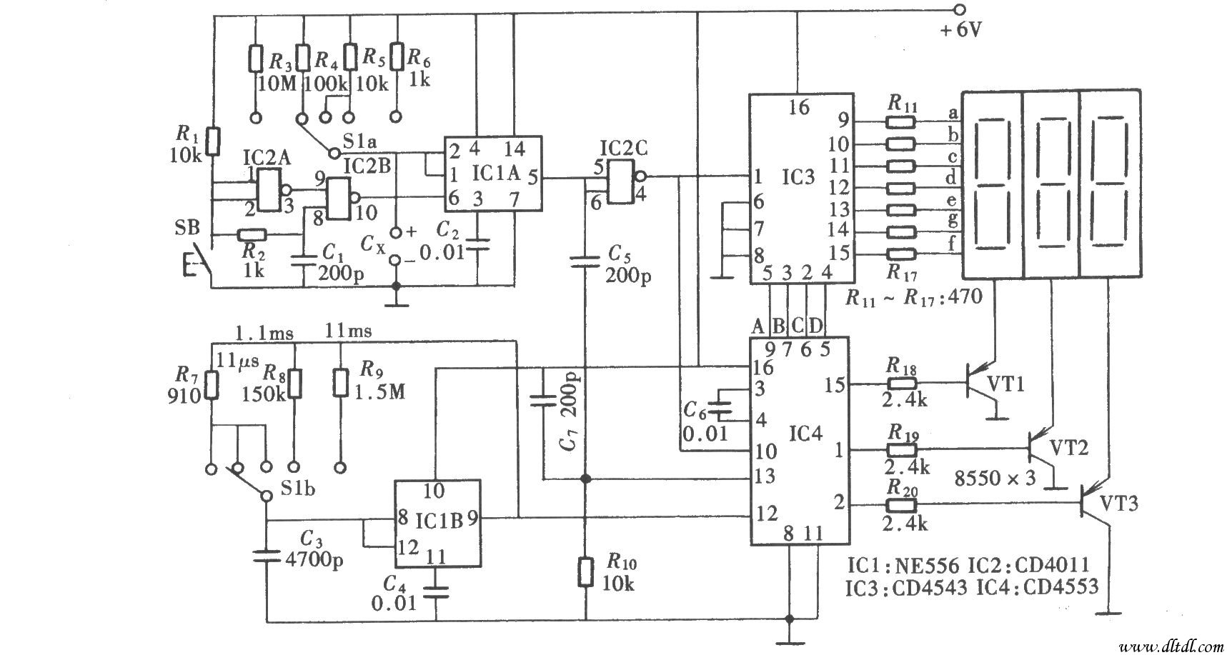 三位数字电容表(NE556、CD4011、CD4543、CD4553)_电路图-华强电子网