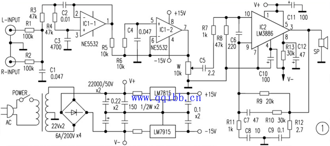 lm3886低音炮功放电路图