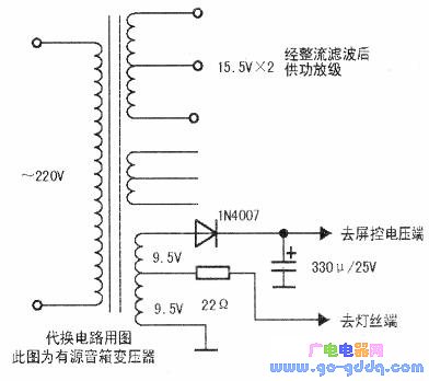 取自电源变压器,而前维修员已将该部分电路舍弃未接_图解大全 查阅相关资料,找到了TDA2030A的双供电应为直流+18V。经测试,此机修复后的直流电压只有+12V左右,而音量开大时不到±10V,功放供电电压明显偏低,对变压器必须进行调换。 找来一只电压相符的大功率型变压器进行代换后,音质恢复正常。 又应客户要求,对液晶显示器进行了修理。小心拆下液晶屏及背板,经检测,未见明显烧坏,拆掉的元件,亦未发现短路及开路之处,在液晶屏背板内侧有一个四线插座与功放板的信号输入和信号输出端的插座相连。 经测量该插座中的灯丝供电端也无电压。顺线路检查,
