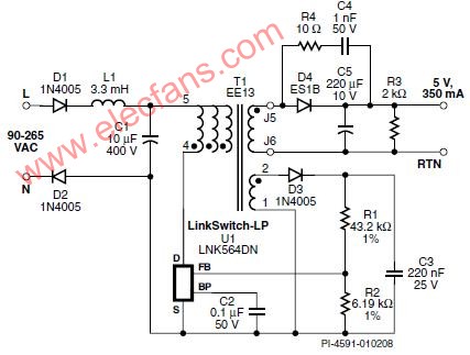 基于lnk564dn的5v,350ma(1.75w)反激式电源电路