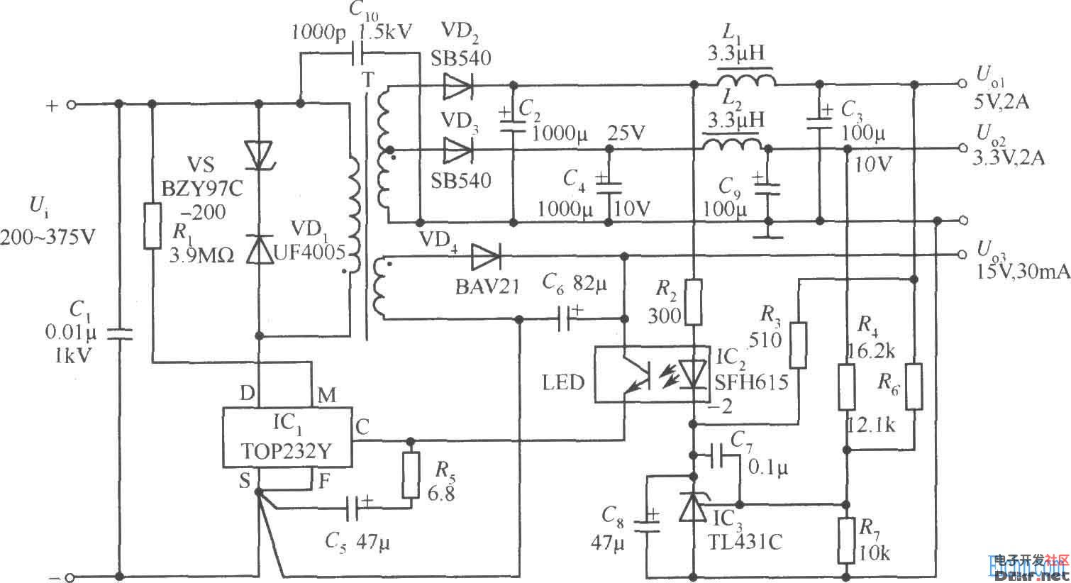 由top232y构成的5v,2a,3.3v,2a,15v,30ma 3路输出开关电路如图所示.