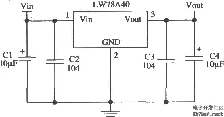三端固定输出正集成稳压器lw78a40的典型应用电路