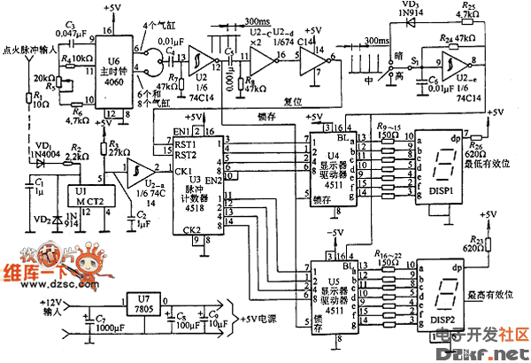 一种数字式发动机转速表电路图