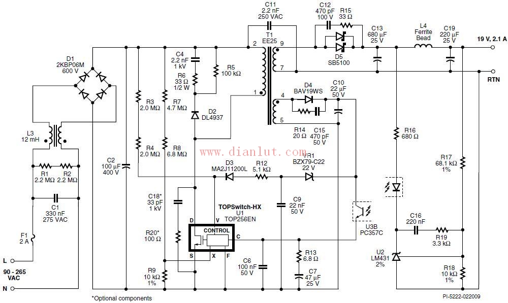 使用top256en设计的40w笔记本电源的电路图