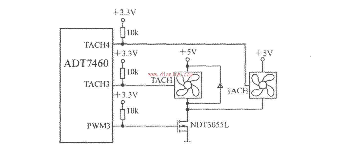 adt7460构成的pwm3端同时驱动两台三线风扇电路_电子设计应用_电子