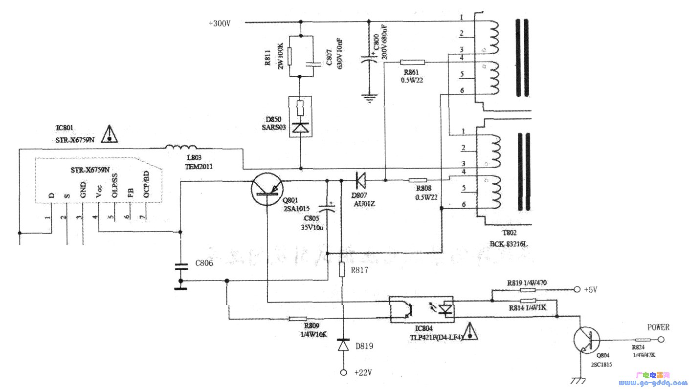 当副电源工作后,str-v152④脚上的22v电压经d819,r817送至q801发射