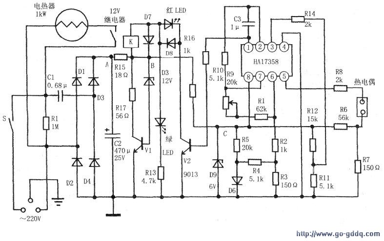 r16与d9构成c点6v串联稳压,给高阻抗双运放ic(ha17358)构成的电压