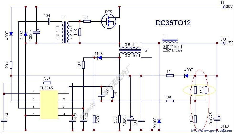 3845 7脚为电源 in4007和20k为启动电阻,正常工作后用输出的12v