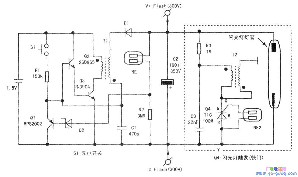闪光灯电路进行简单分析,如下图所示,右侧的阴影部分是闪光灯灯管电路